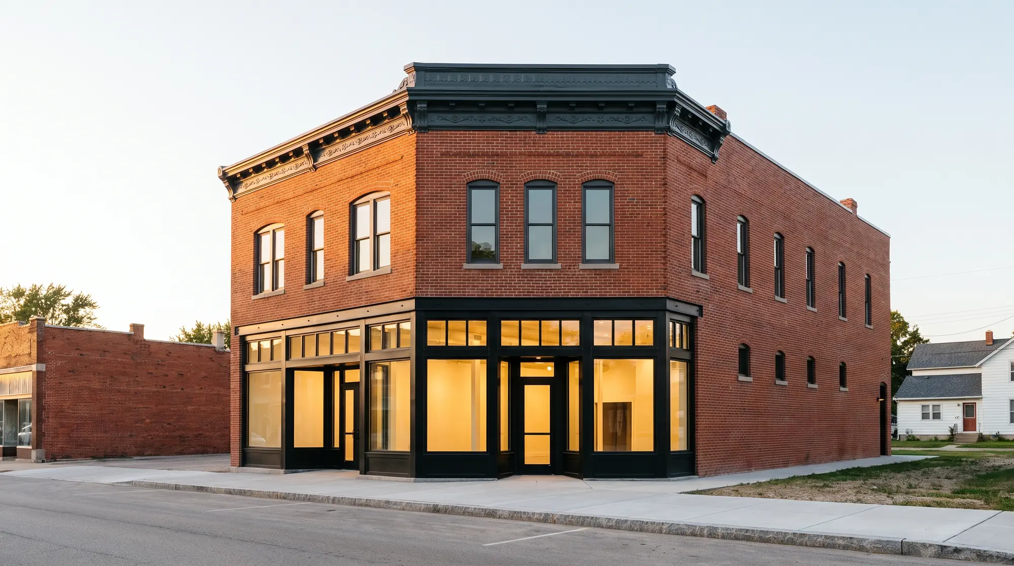 Restored brick storefront building with new black storefront frames