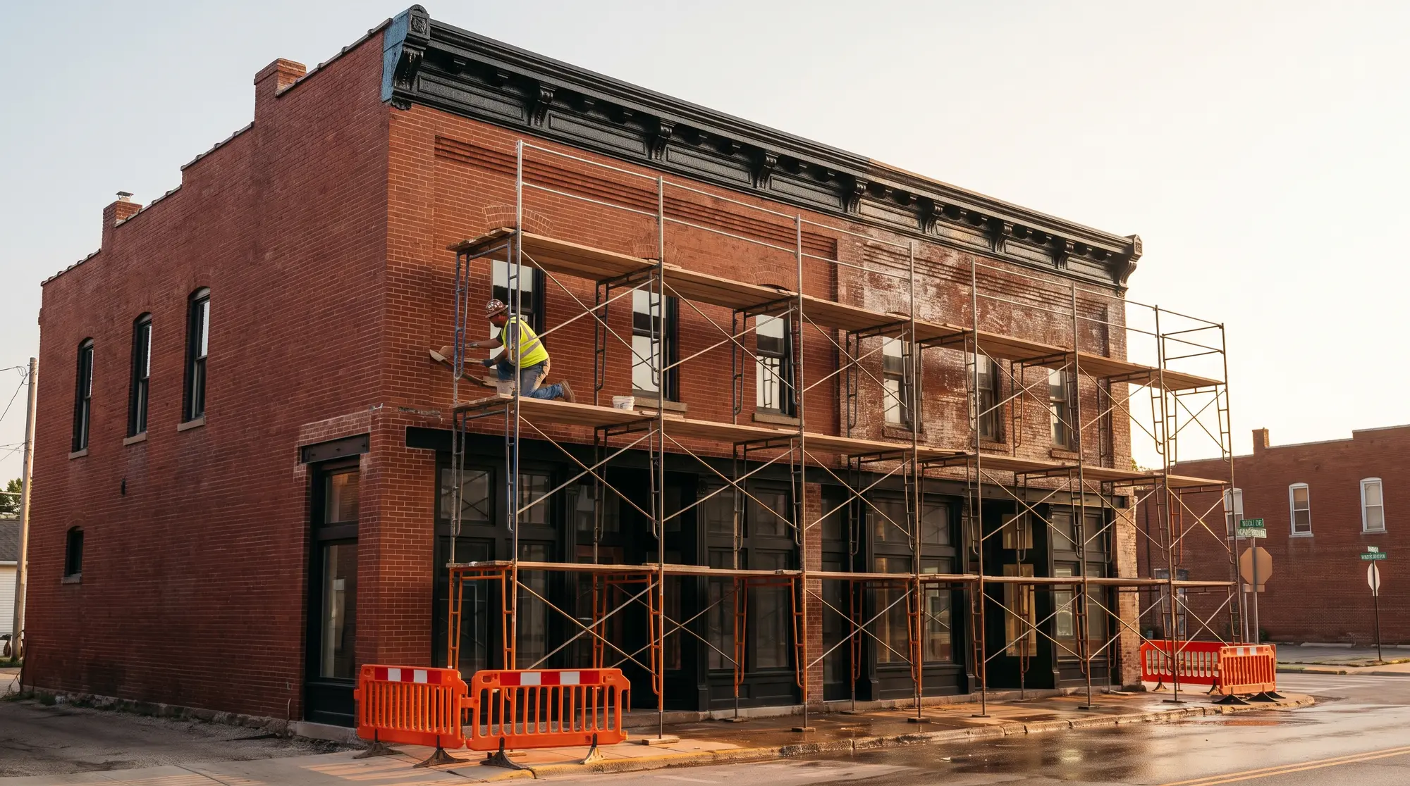 Mason repointing brick on a scaffolded downtown storefront