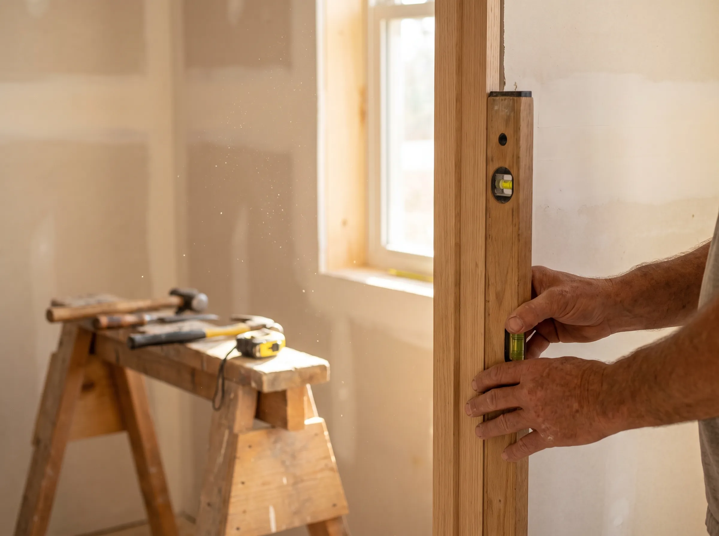 Carpenter setting a level on a new door frame