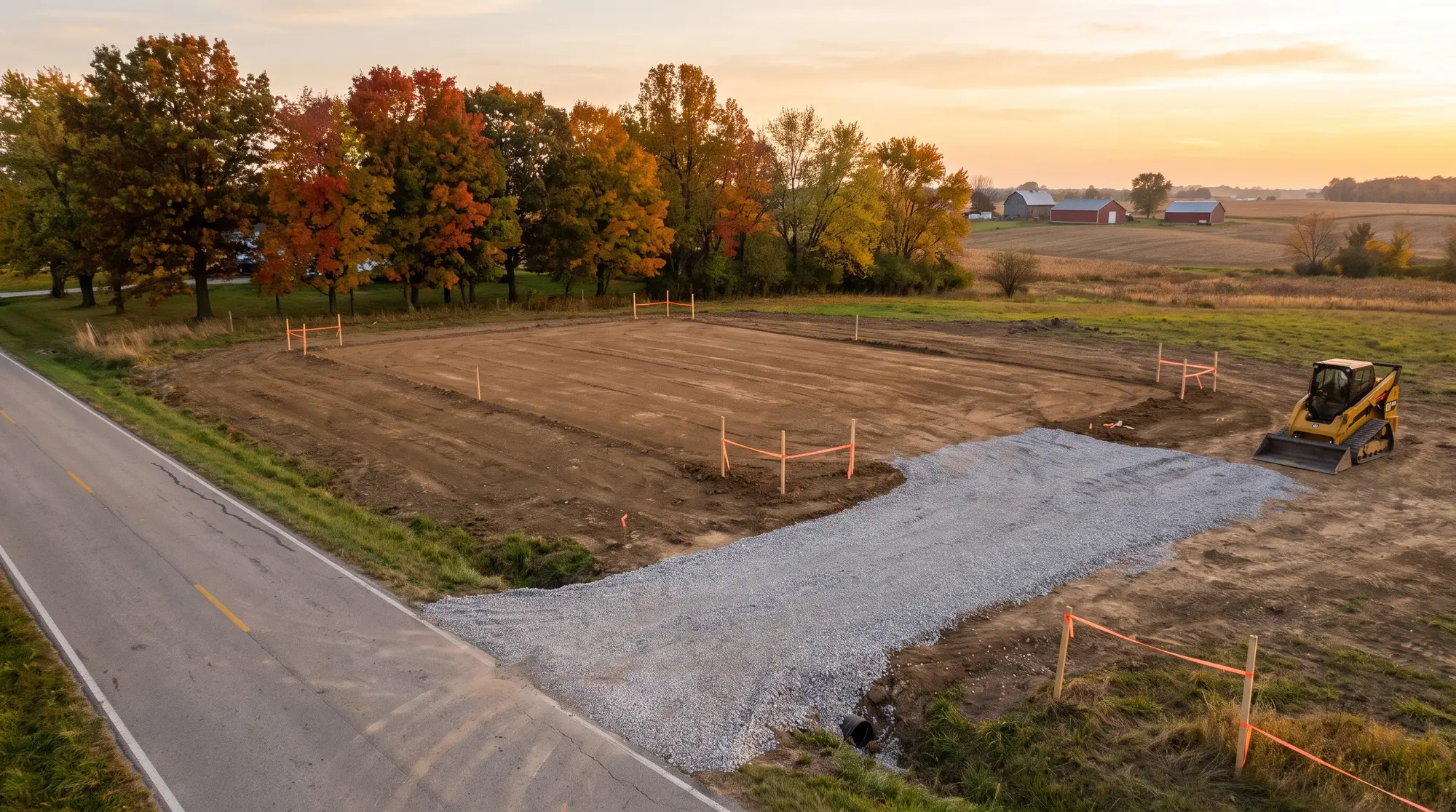 Graded building pad with survey stakes and a new gravel entrance