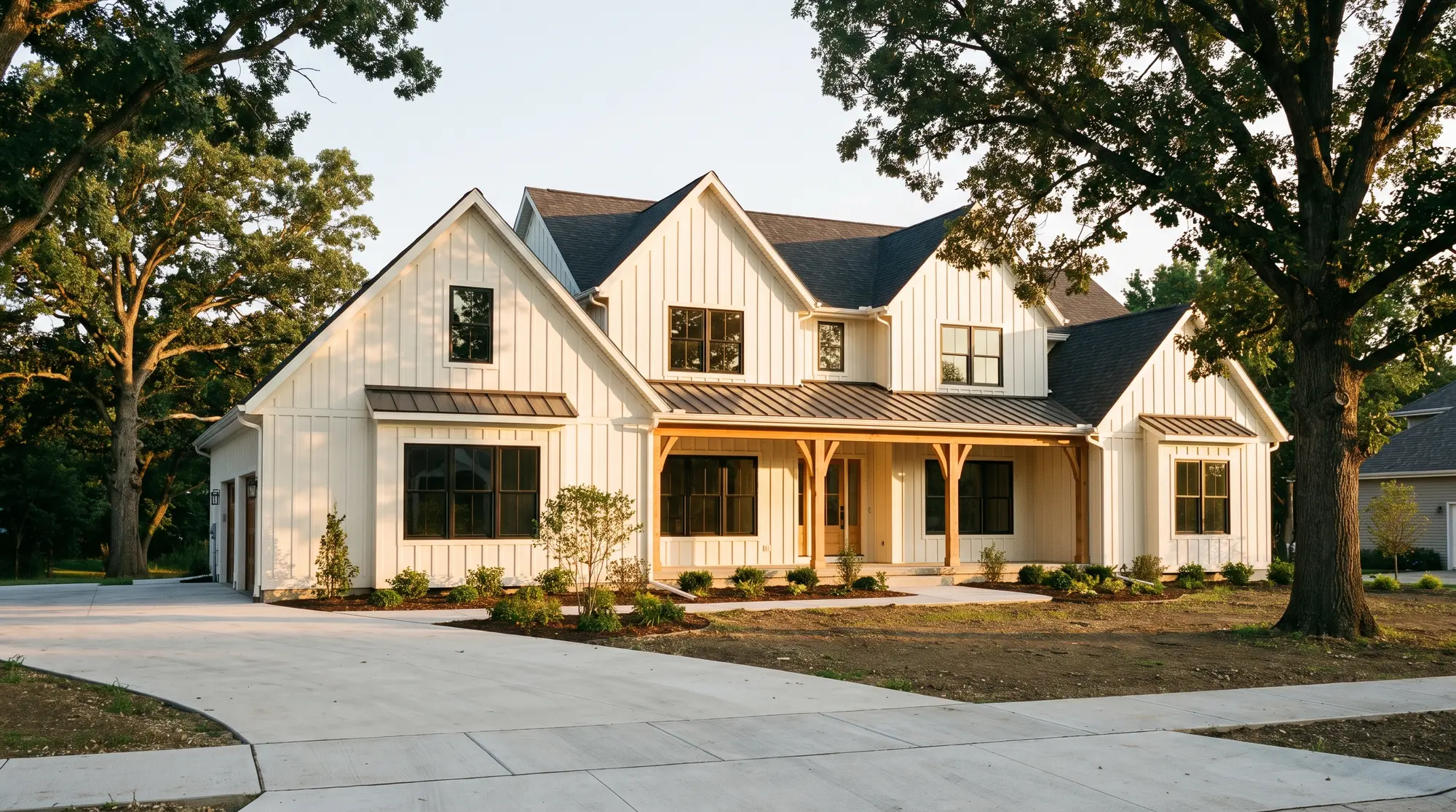 New two-story home with a covered porch at dusk
