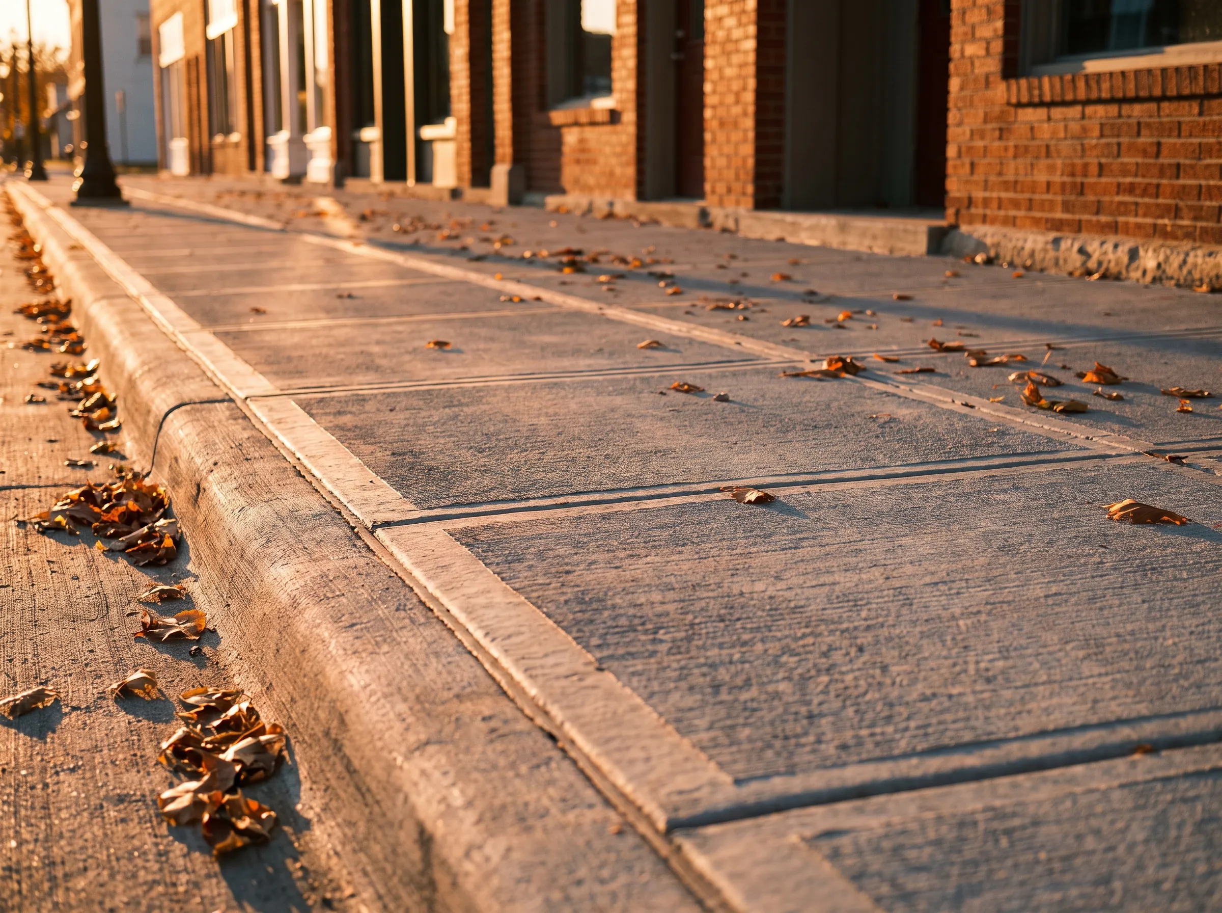 New concrete sidewalk along brick storefronts