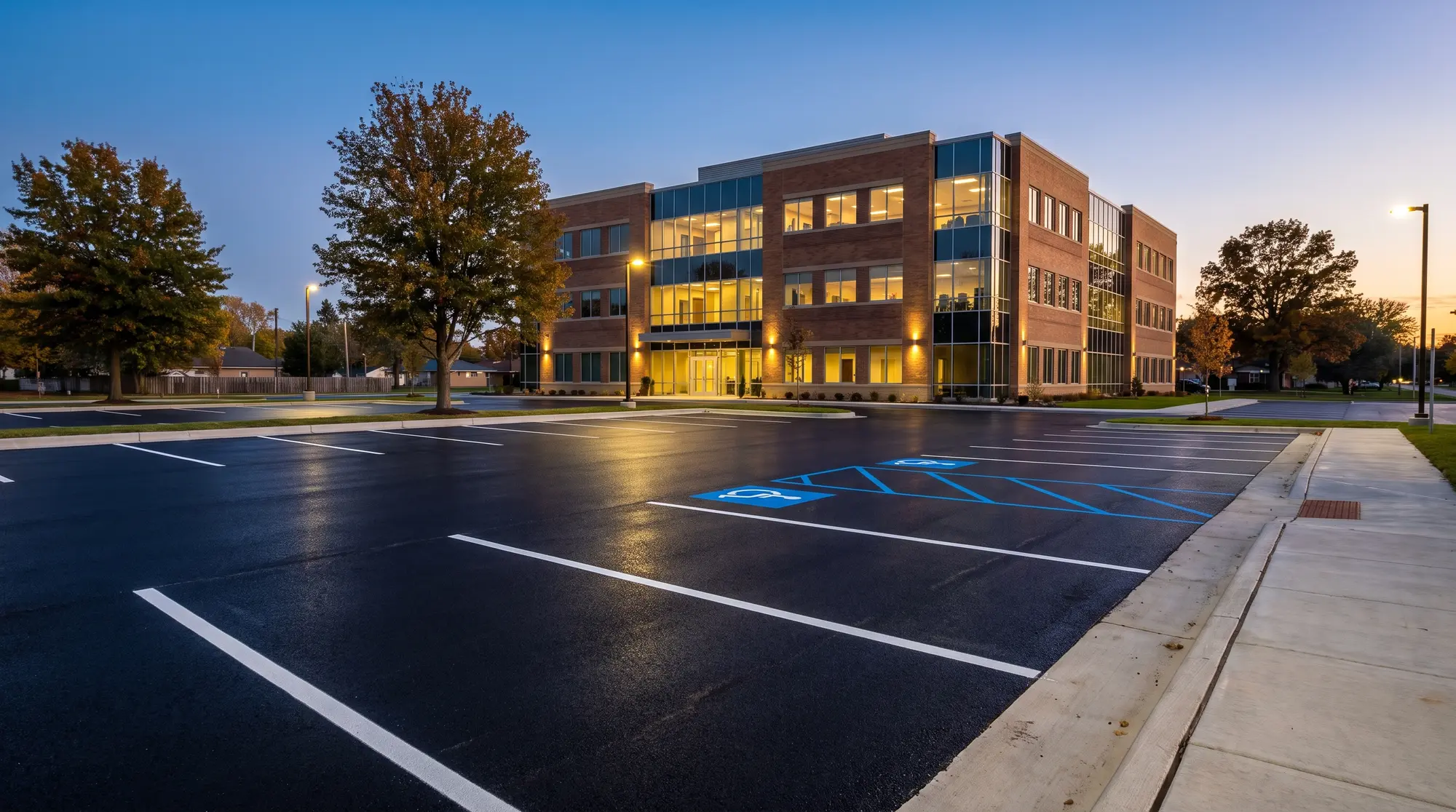 Freshly sealed commercial parking lot with crisp white striping at dusk