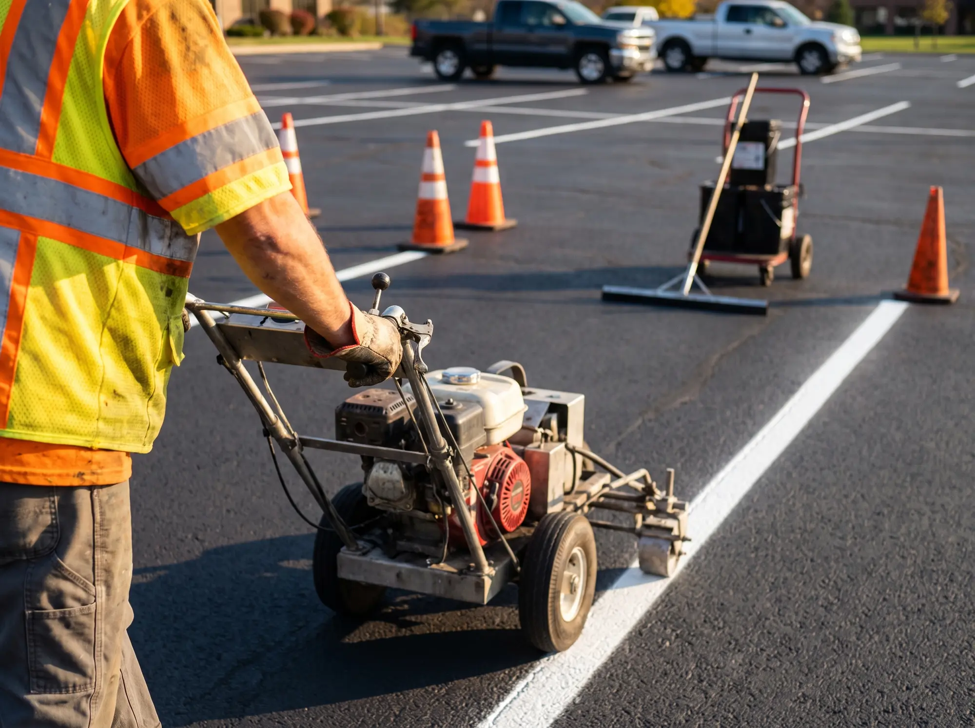 Crew member striping a new parking stall line on freshly sealed asphalt